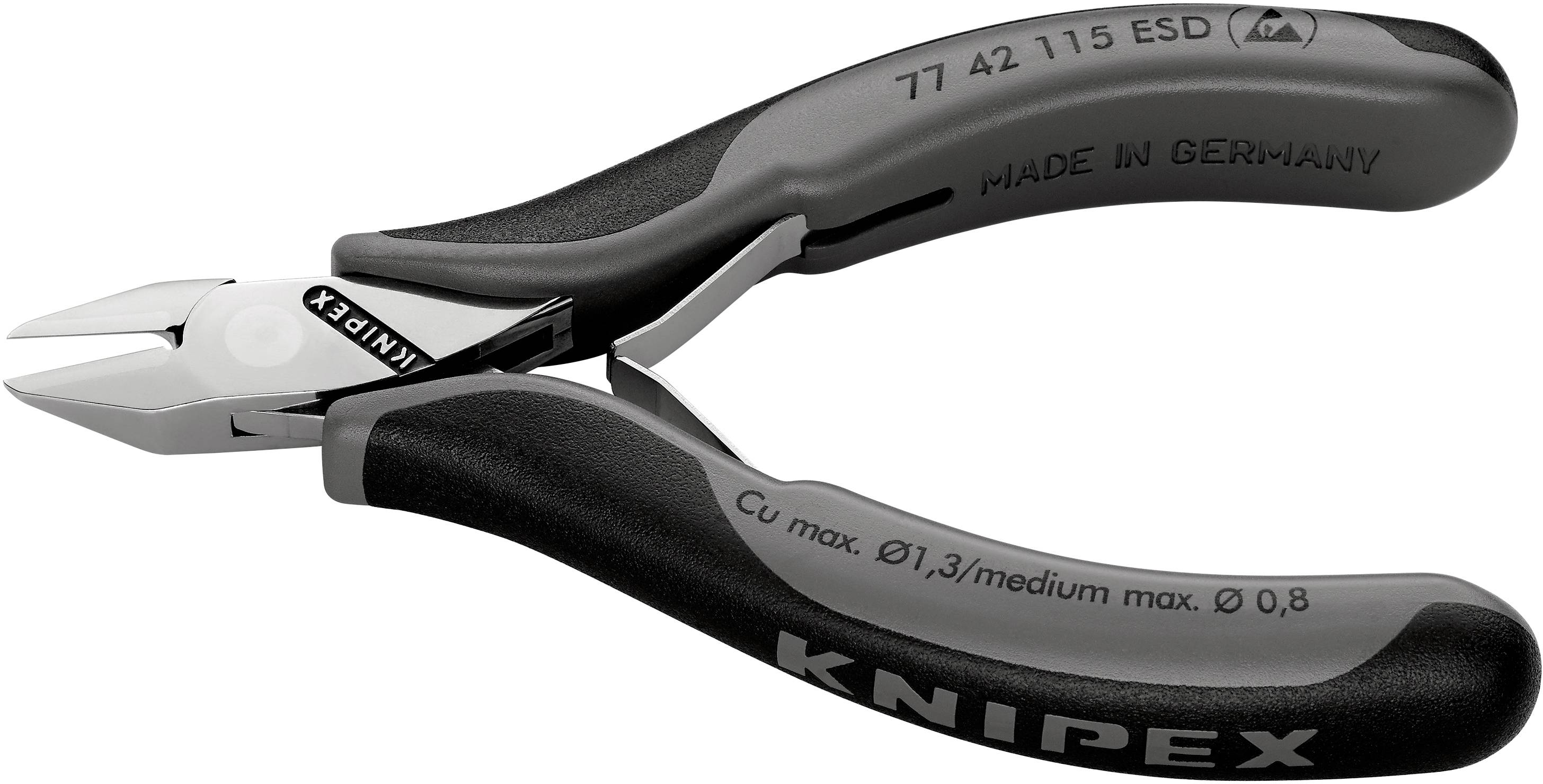 Une pince noire portant l'inscription 'Knipex' sur la poignée. Elle est adaptée pour une coupe précise et provient d'Allemagne.