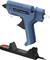 Pistolet à colle thermofusible en bleu avec base de support noire. Adapté pour assembler des matériaux à l'aide d'une colle fusible.