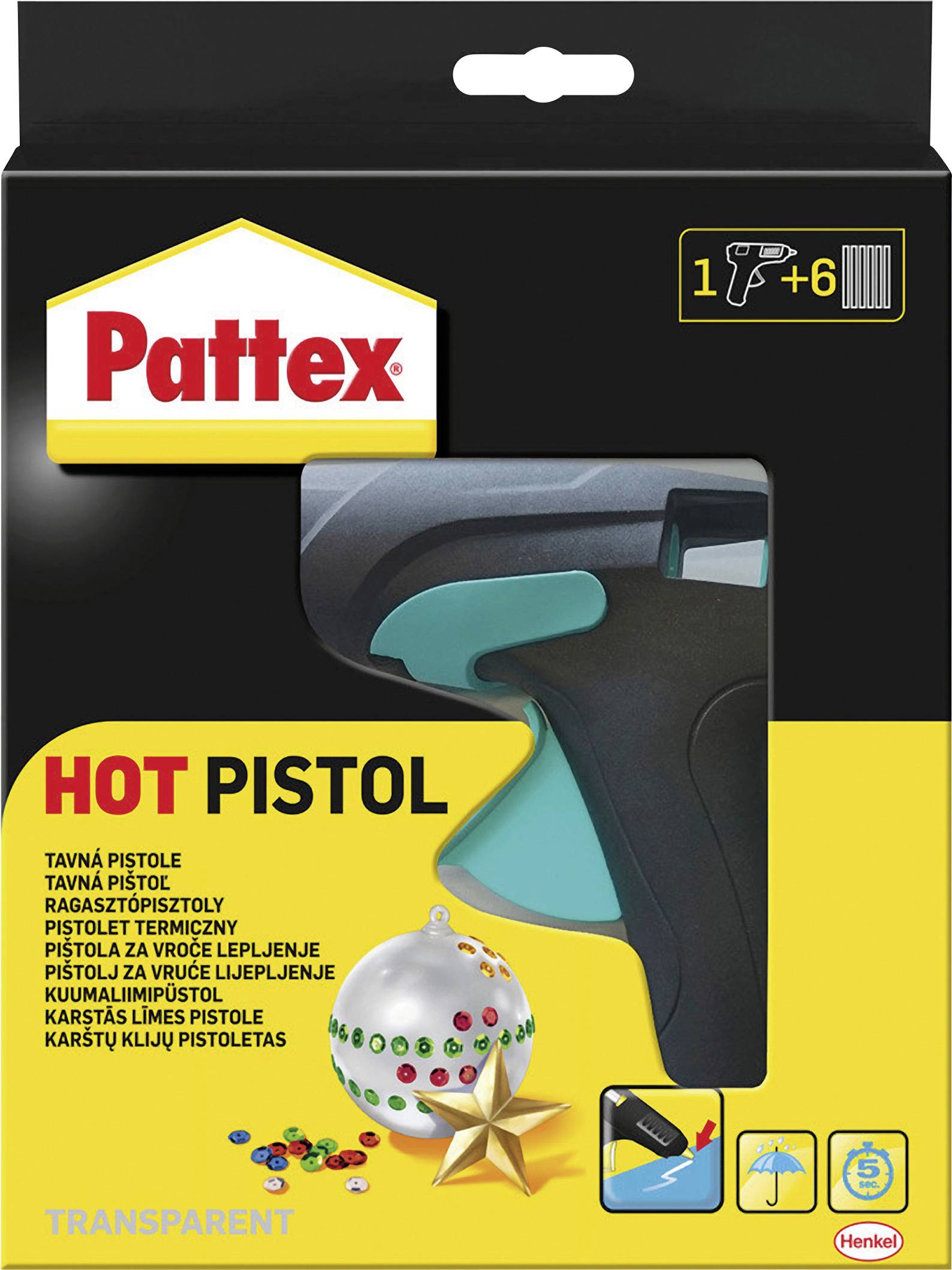 Pistolet à colle chaude 'Pattex' représente un pistolet à colle thermique, avec un texte multilingue et des images d'artisanat. Comprend six bâtons de colle.