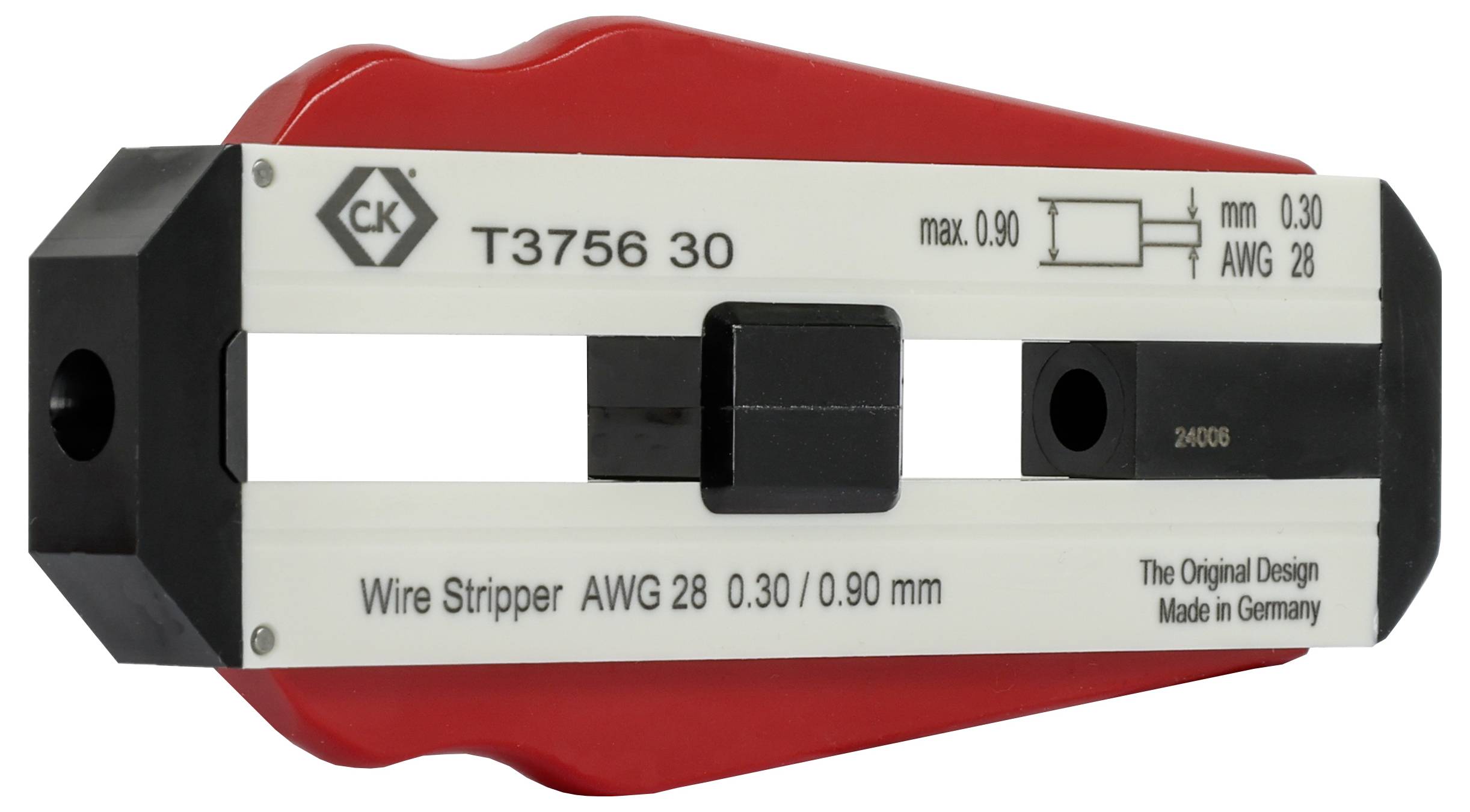 Pince à dénuder portant l'inscription 'Wire Stripper AWG 28 0.30/0.90 mm'. Design rouge et noir, fabriqué en Allemagne.