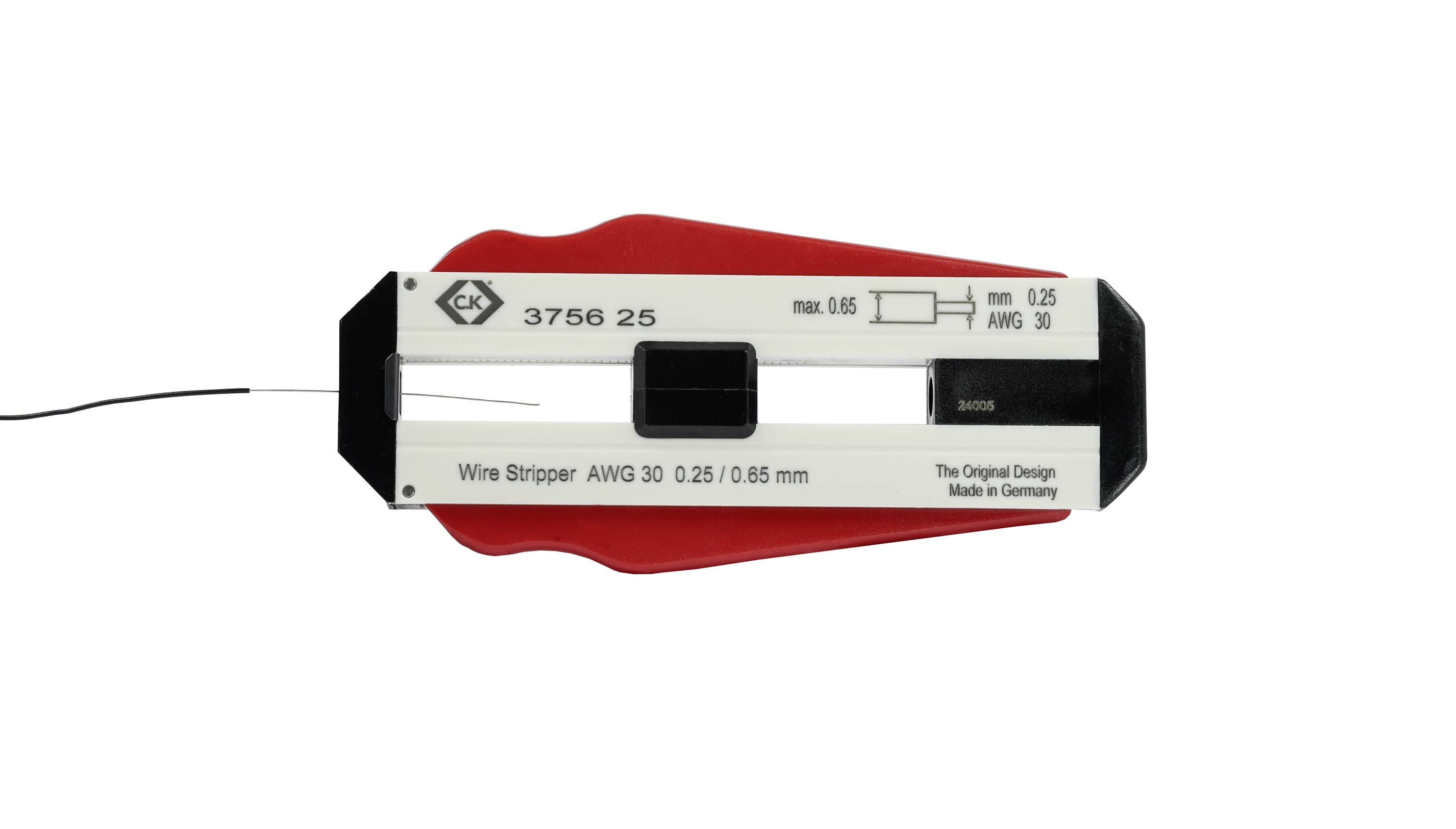 'Dénudeur de fil pour AWG 30, diamètre max. 0,65 mm, fabriqué en Allemagne. Poignée noire, rouge avec inscriptions blanches.'
