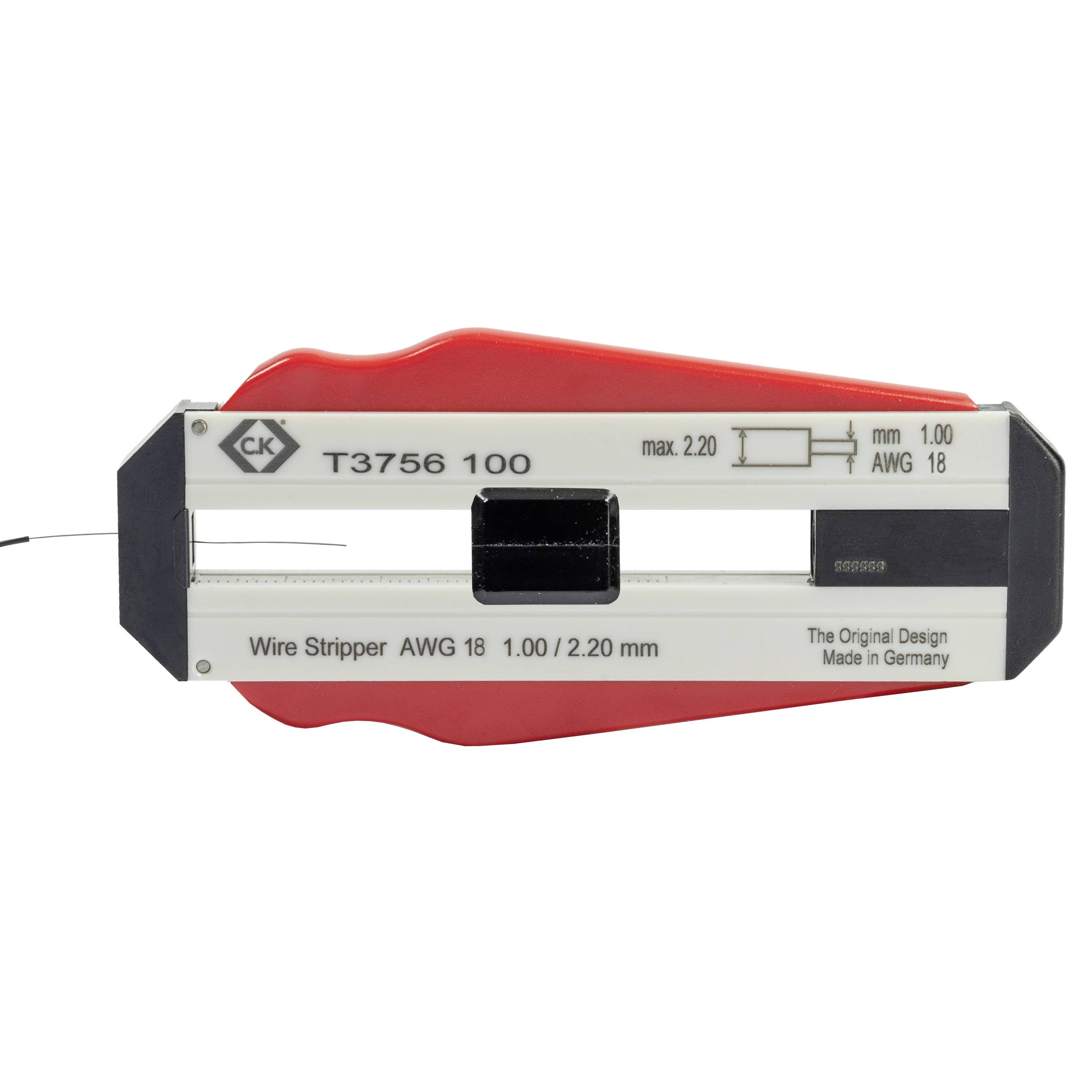 Pince à dénuder de câble 'T3756 100' pour AWG 18, diamètre maximal 2,20 mm. Design rouge et maniable.