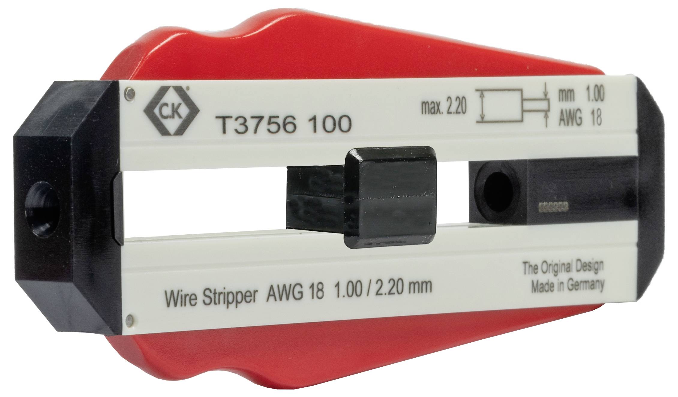 Pince à dénuder de fil, modèle 'T3756 100', pour AWG 18, 1,00/2,20 mm, fabriquée en Allemagne. Parties en plastique noir et rouge.