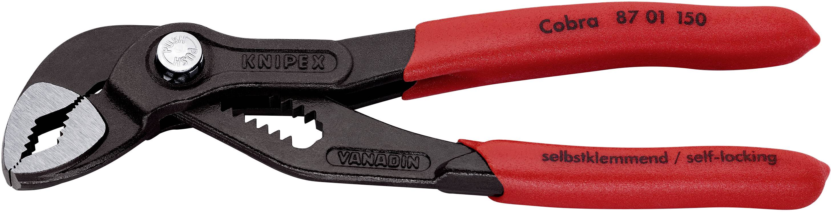 Une pince à pompe rouge portant l'inscription 'auto-bloquante/self-locking'. La pince possède des surfaces de préhension dentées et une articulation réglable.