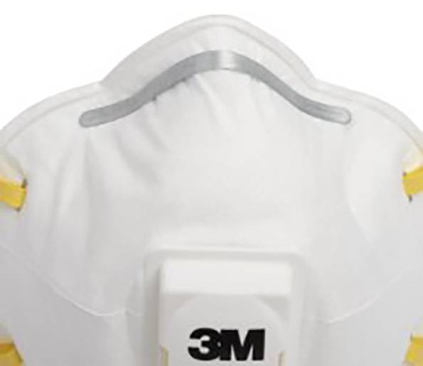 Masque respiratoire avec valve, principalement blanc avec des sangles jaunes. Logo 3M à l'avant, adapté pour filtrer la poussière et les particules.