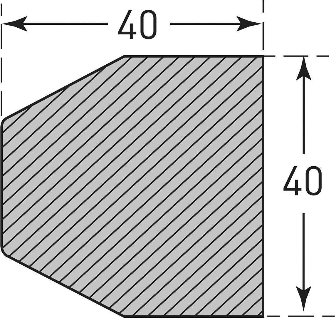 Dessin technique d'un objet trapézoïdal. Les dimensions supérieures et latérales sont respectivement marquées de 40.