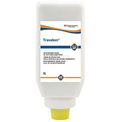 Flacon blanc de crème pour les mains 'Travabon' avec bouchon jaune. Protège la peau des salissures. Contient 1 litre.
