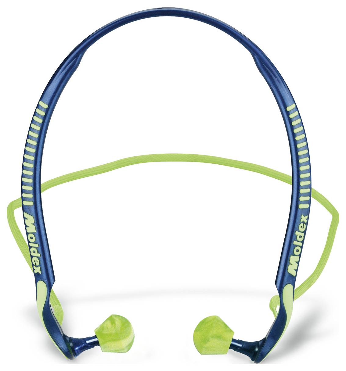 Bouchons auriculaires Moldex bleus et verts avec design à serre-tête, dotés d'embouts en mousse et d'une construction flexible et légère pour la réduction du bruit.