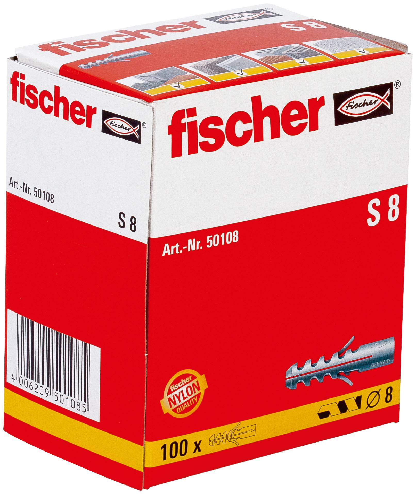 Boîte d'emballage de chevilles murales fischer S 8, rouges et blanches, étiquetées « 100 x » et « Art.-Nr. 50108 » avec un code-barres.