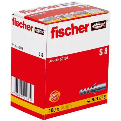 Boîte d'emballage de chevilles murales fischer S 8, rouges et blanches, étiquetées « 100 x » et « Art.-Nr. 50108 » avec un code-barres.