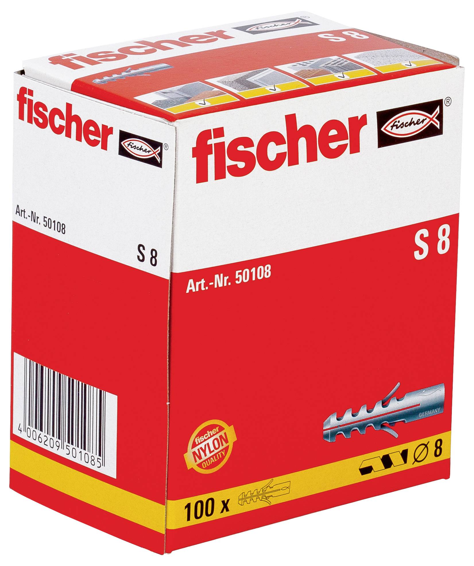 Boîte de chevilles murales en nylon fischer S 8, référence Art.-Nr. 50108, paquet de 100.