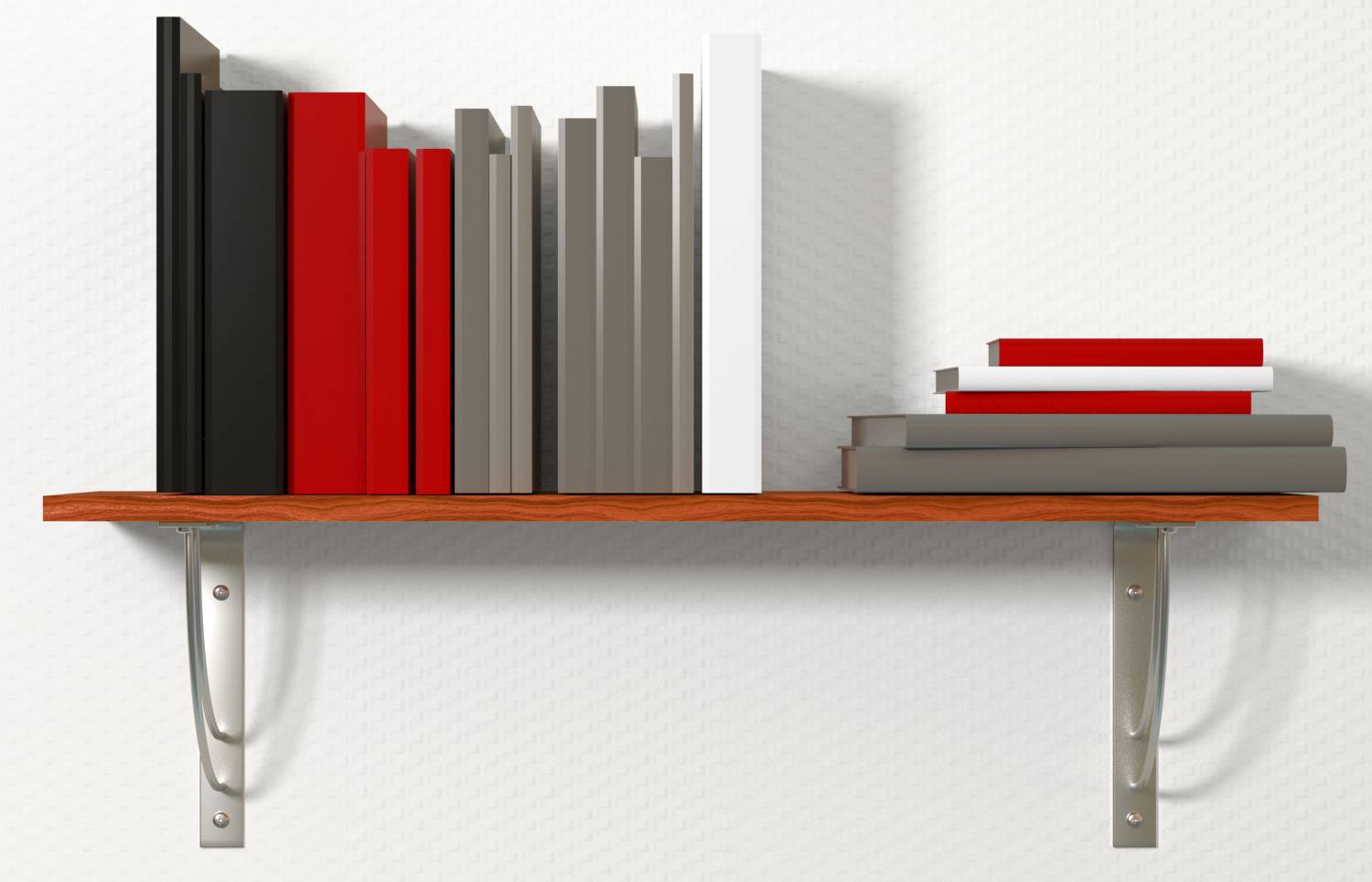Des livres et des classeurs arrangés sur une étagère murale en bois, avec des volumes dressés à gauche et une petite pile de livres à droite.