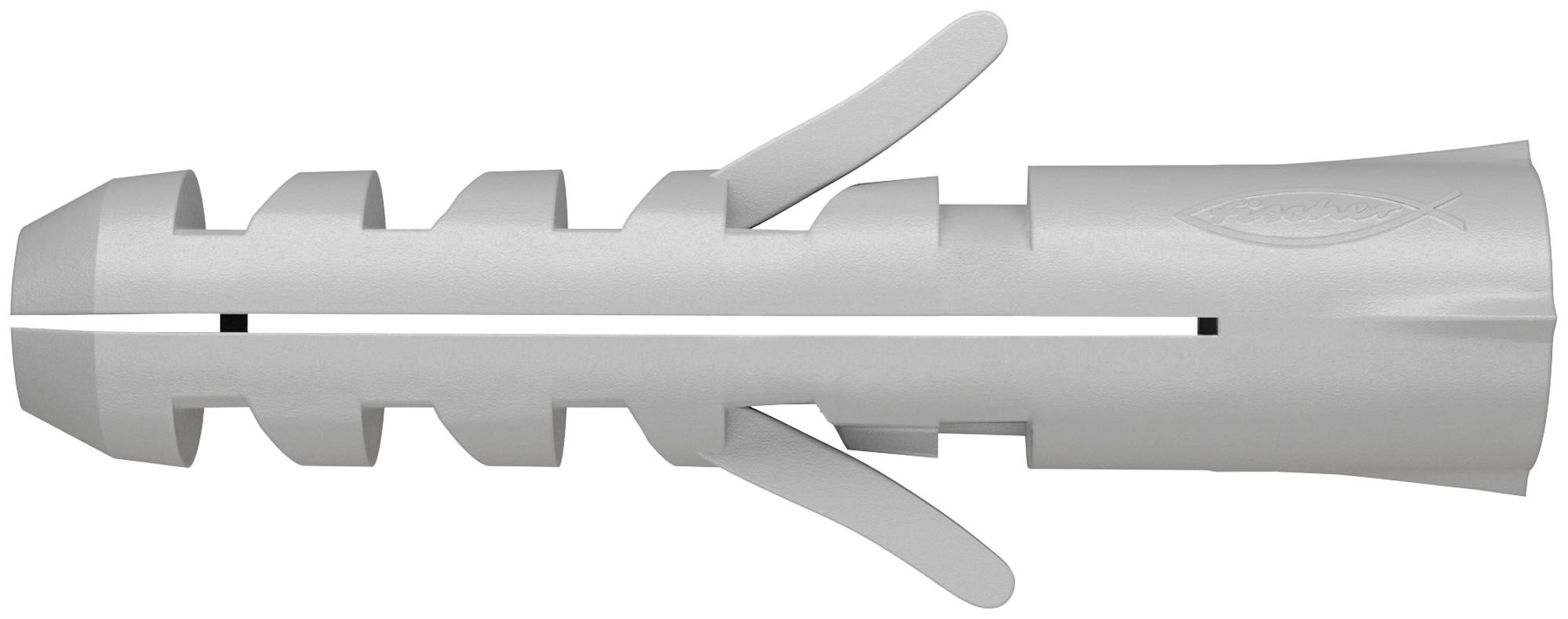 Cheville murale en plastique gris avec ailes d'expansion pour fixer des vis dans du plâtre ou de la maçonnerie.