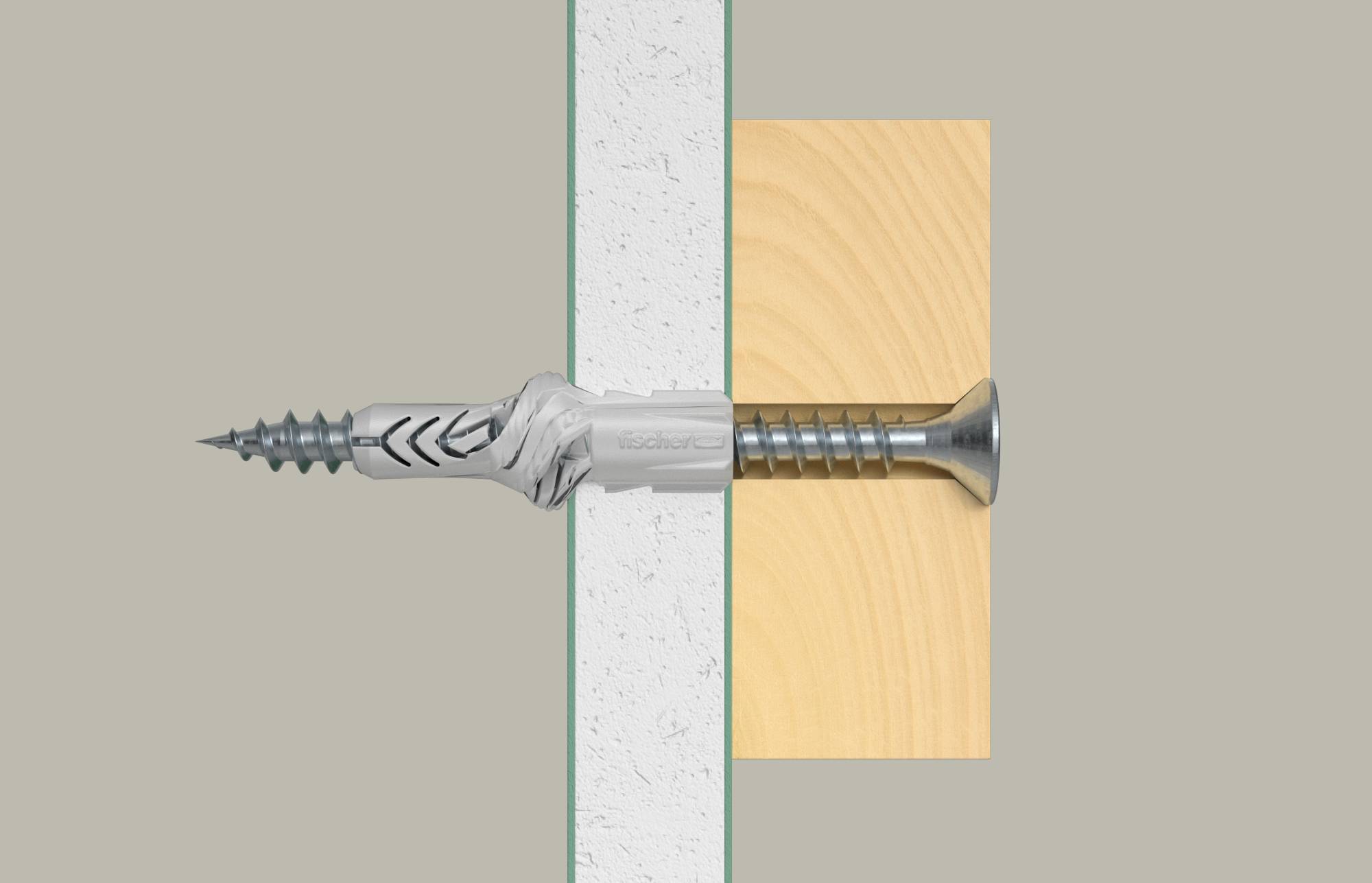 Schéma en coupe transversale d'une vis d'ancrage murale fixant une planche en bois à un mur en béton, montrant le dispositif de fixation traversant les deux matériaux.