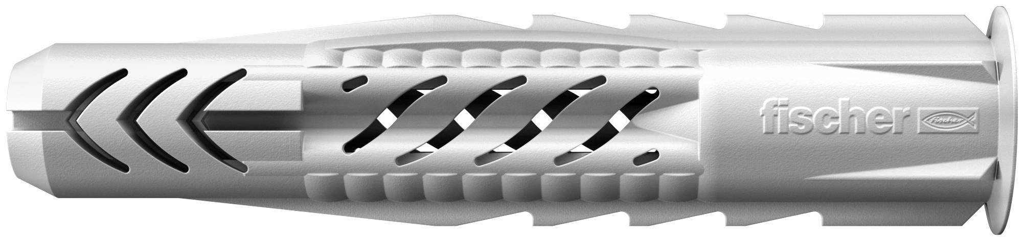 Cheville murale Fischer en argent avec corps fendu et marquages chevron noirs, présentée horizontalement sur un fond blanc.