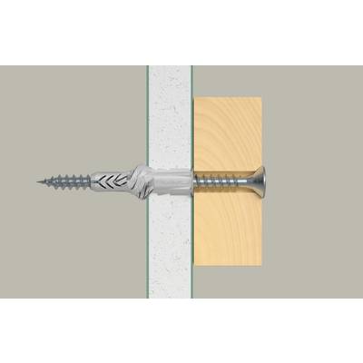 Illustration en coupe transversale d'une vis traversant un panneau blanc et s'enfonçant dans un bloc de bois, montrant l'élément de fixation ancrant les deux matériaux ensemble.