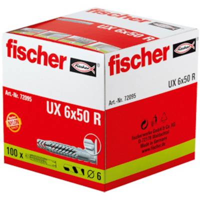 Boîte de chevilles murales fischer UX 6x50 R, emballage rouge et blanc avec image du produit et contenu de 100 pièces.