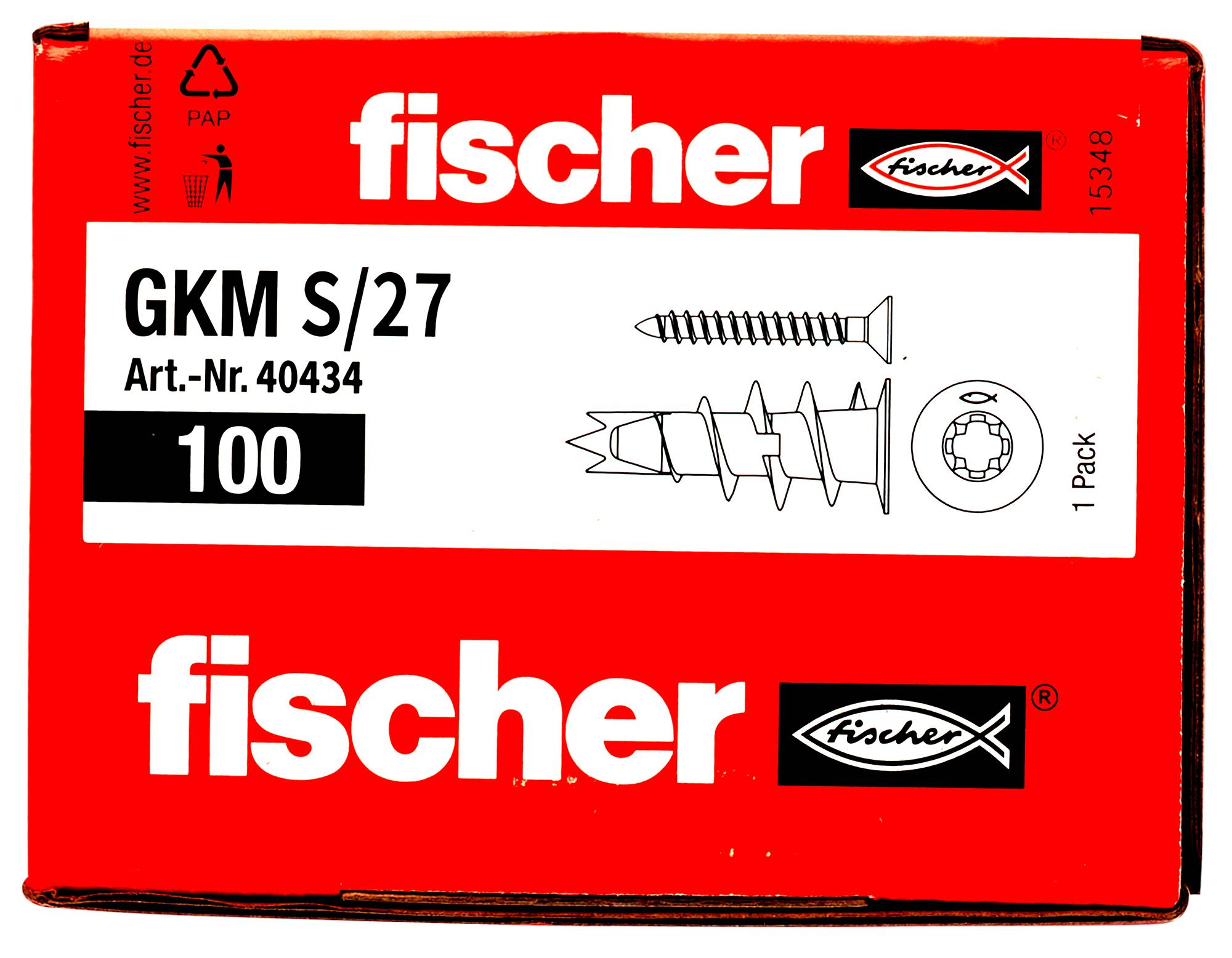 Boîte de quincaillerie Red Fischer portant les étiquettes 'GKM S/27' et '100', affichant des illustrations de vis et de chevilles murales et '1 Pack'.