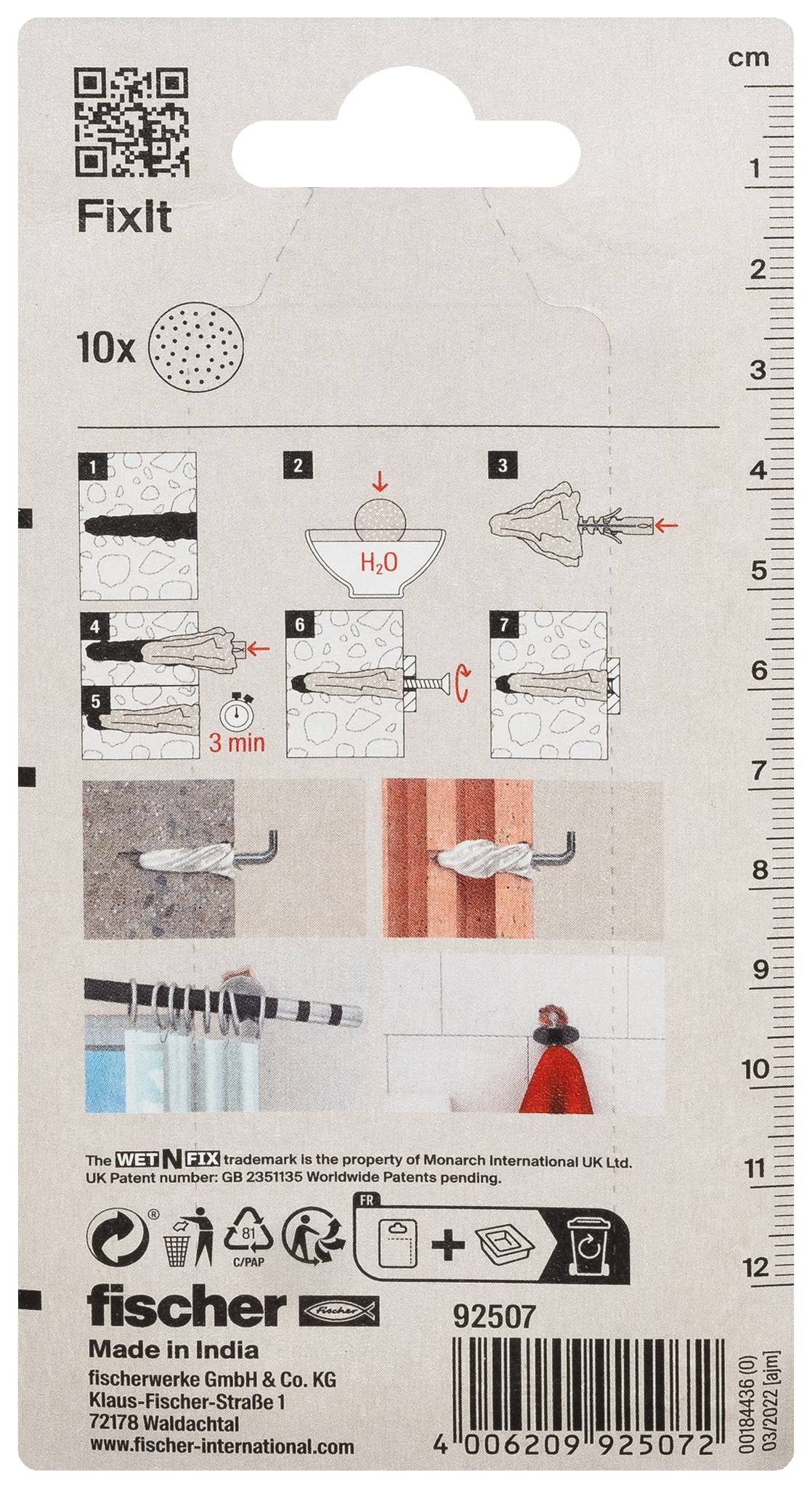 Emballage de chevilles murales Fixit avec code QR et instructions illustrées de perçage/chevilles, montrant 10 chevilles, installation en 3 minutes, et échelle de taille en cm.