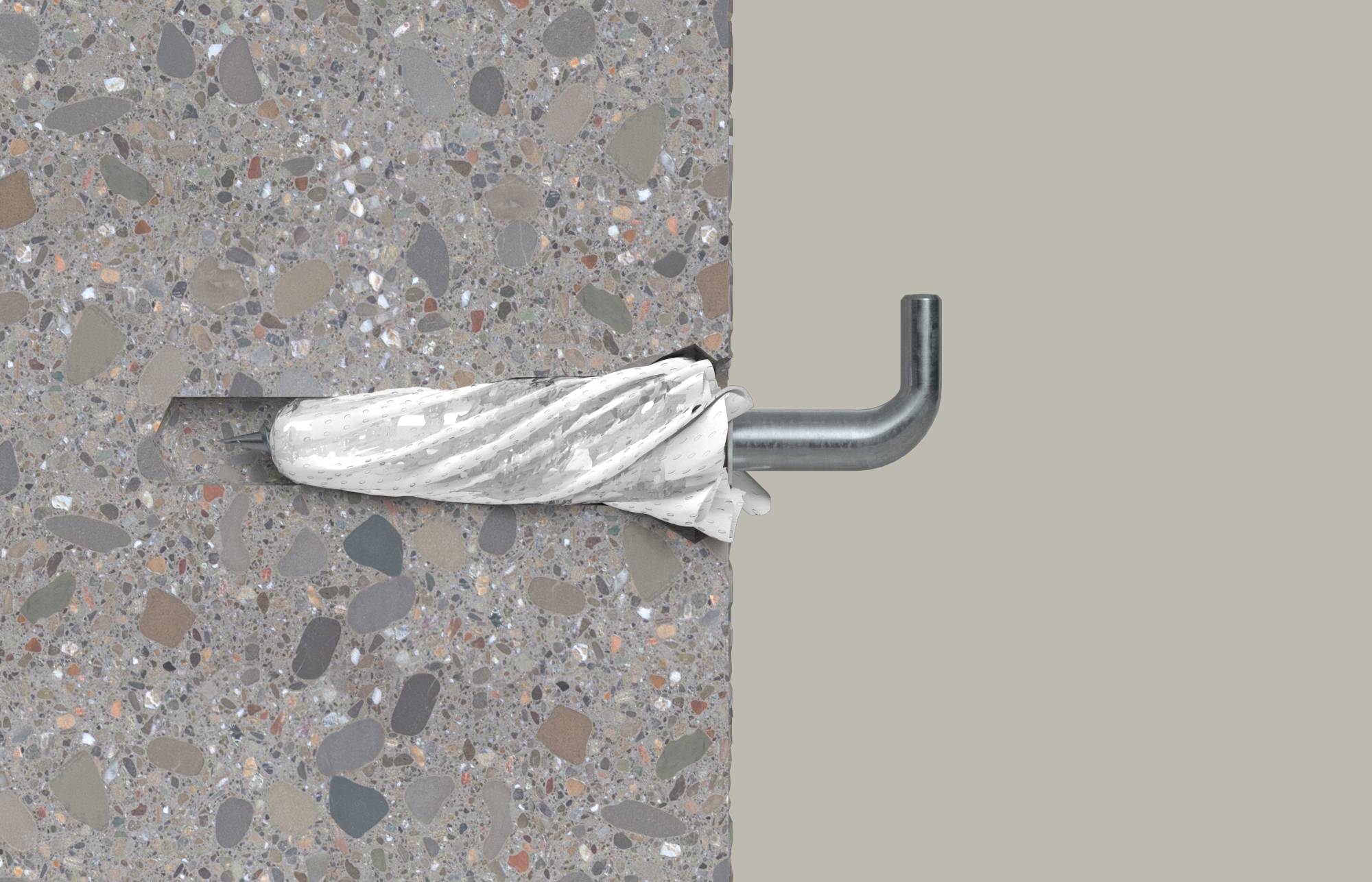 Diagramme en gros plan d'une ancre murale métallique ou d'un crochet inséré dans une surface en béton, avec la fixation enveloppée ou sécurisée par un matériau blanc.