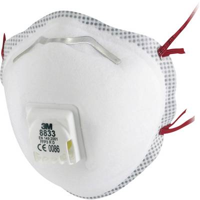 Masque de protection respiratoire blanc avec bande rouge et valve, marqué 'FFP3 CE 0086'. Idéal pour la protection contre les particules nocives.