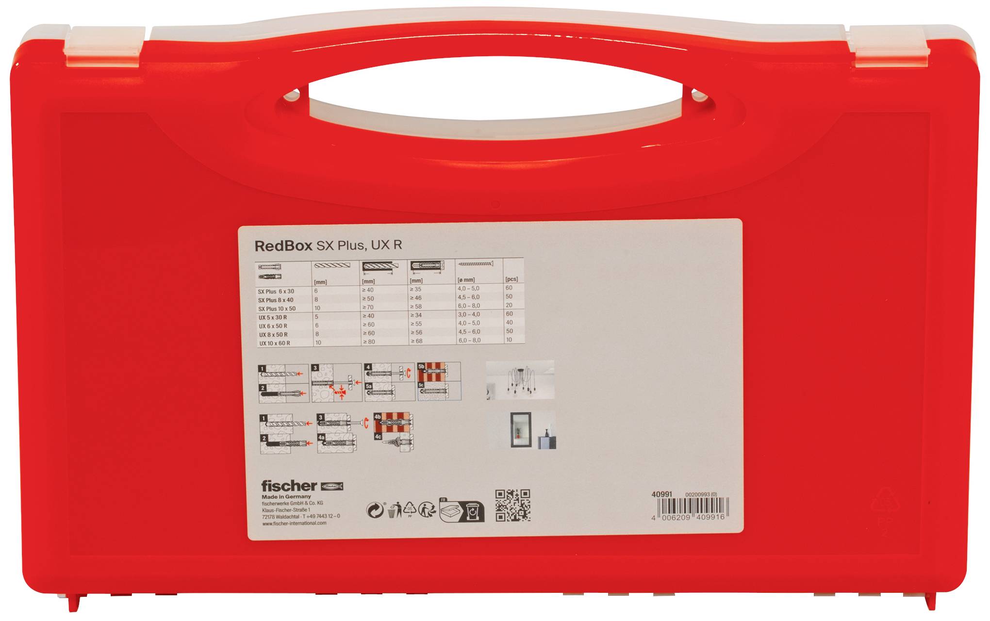 Boîte à outils rouge avec fenêtre transparente, contenant des éléments de fixation. Étiquette avec informations du produit et logo fischer visible.