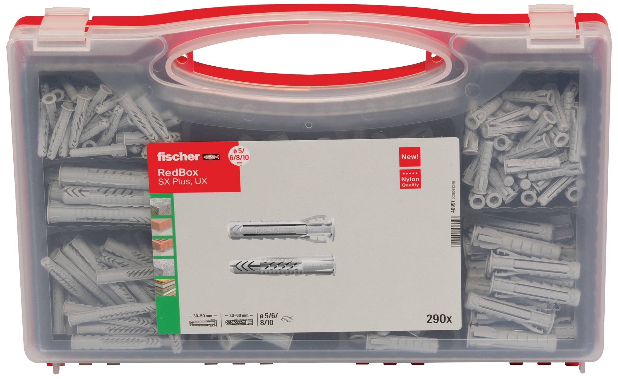 Boîte en plastique transparent avec chevilles grises dans des compartiments. Autocollant : 'fischer RedBox', type 'SX Plus, UX', 290 pièces.