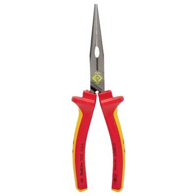 Une pince coupante pointue rouge avec des accents jaunes, adaptée pour la saisie et la coupe précises de fils.