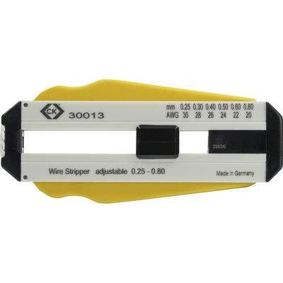 'Pince à dénuder CK 30013, réglable pour 0,25-0,80 mm, adaptée pour AWG 30-20, fabriquée en Allemagne.'