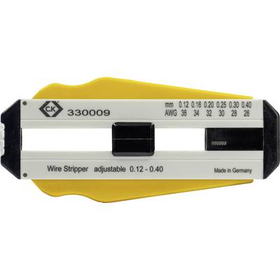 'Dénudeur jaune avec le numéro 330009, réglable de manière flexible pour des fils de 0,12 à 0,40 mm, fabriqué en Allemagne.'