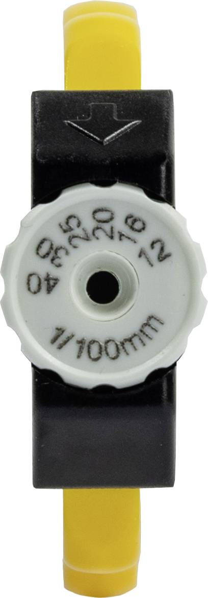 'Gros plan d'une pièce mécanique avec des chiffres et une flèche. Affiche une échelle de mesure de 10 à 40 par incréments de 1/100 mm. Principalement en noir et jaune.'
