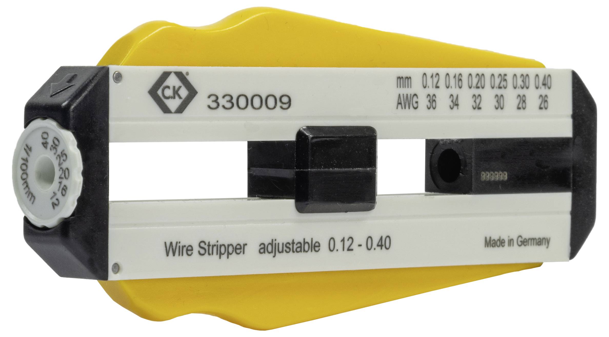 Pince à dénuder à tension réglable, échelle en mm et AWG. Numéro de modèle 330009, fabriqué en Allemagne.