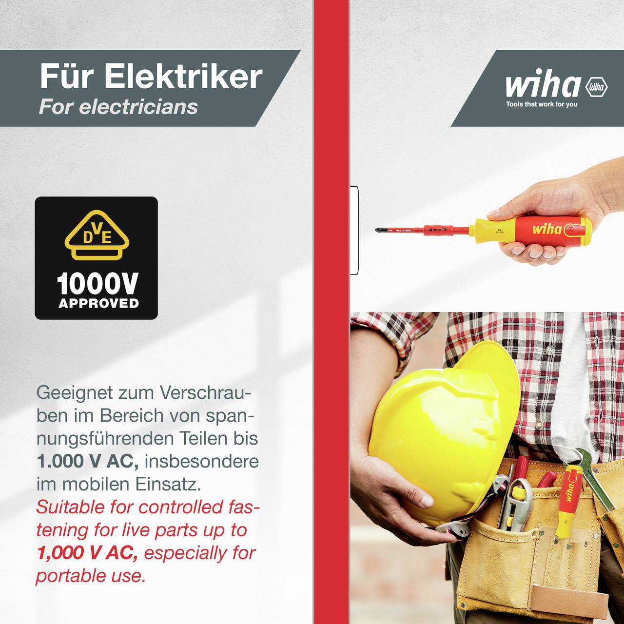 Une personne tient un casque de chantier jaune et un tournevis rouge isolé jusqu'à 1 000 V AC, adapté aux électriciens.