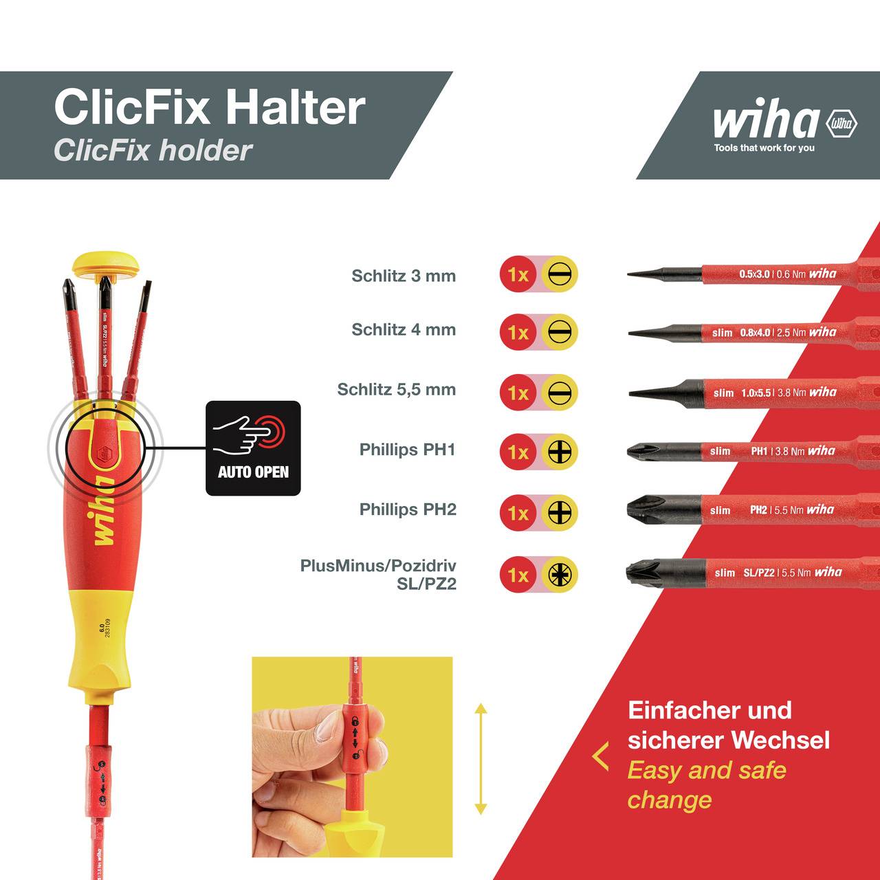 La figure montre un support Wiha ClicFix avec embouts de tournevis de différentes tailles et types. Texte : 'Changement simple et sécurisé'.