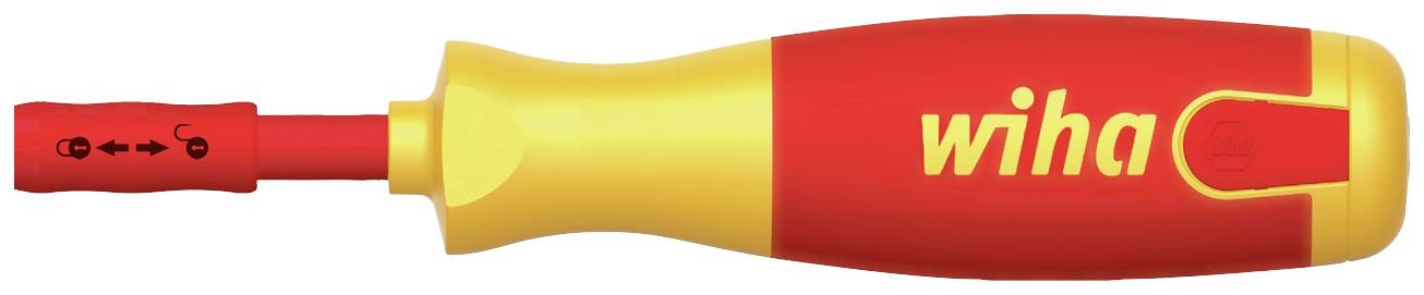 Un tournevis rouge et jaune portant l'inscription 'wiha' sur le manche, adapté aux travaux électriques grâce à sa conception isolante.