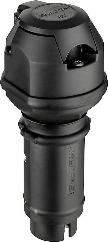 L'image montre un appareil électrique noir de forme cylindrique avec plusieurs composants et fermetures.