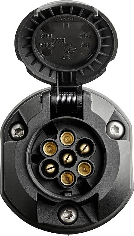 Prise électrique de remorque, de forme ronde, ouverte et visible avec plusieurs contacts métalliques à l'intérieur. Adaptée aux connexions de véhicules.