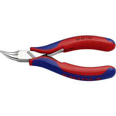 Une pince de précision Knipex rouge et bleue avec des pointes recourbées, adaptée aux travaux fins et aux applications d'atelier.