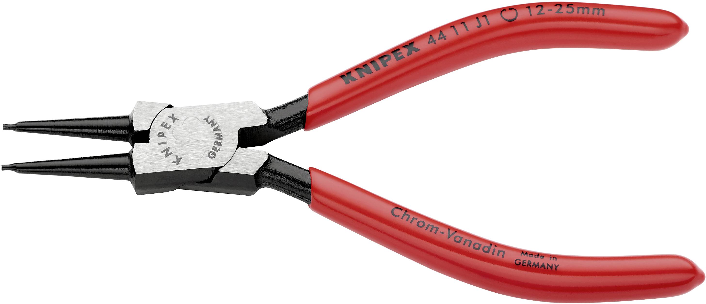 Une pince à circlips rouge KNIPEX avec des embouts noirs, adaptée pour les circlips de 12-25 mm. Modèle 4411J1, en chrome-vanadium.