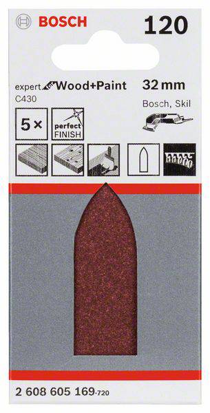 Emballage de papier de verre, 32 mm, adapté au bois et à la peinture. Contient cinq feuilles de grain 120, compatible avec Bosch et Skil.