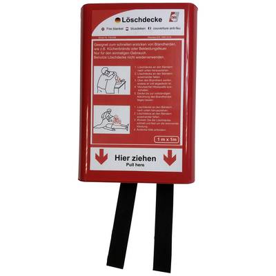 Boîte rouge avec couverture anti-feu, instructions de lutte contre l'incendie en allemand, anglais et français. Deux cordons en bas avec l'indication 'Tirer ici'.