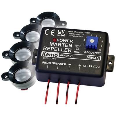 'Dispositif Kemo Electronic M094N anti-souris et anti-martres, réglage de fréquence, avec quatre haut-parleurs, adapté à une utilisation extérieure.'
