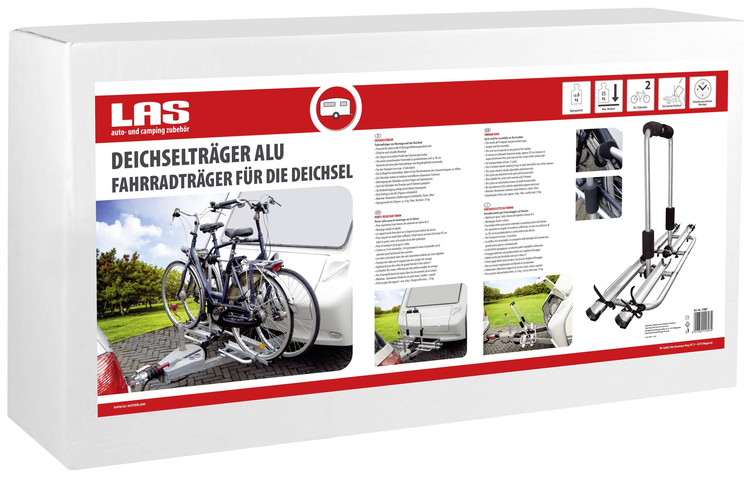 Emballage d'un porte-vélos pour attelage de remorque, présentant le produit monté, capacité de transport jusqu'à 2 vélos, cadre en aluminium.