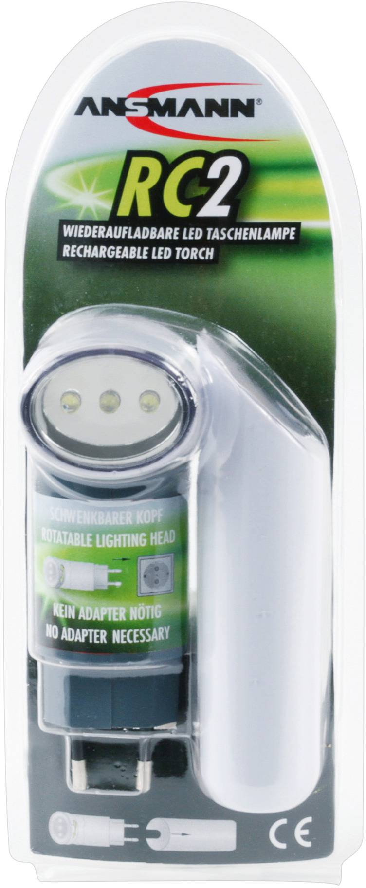Une lampe de poche LED rechargeable d'Ansmann, modèle 'RC2', avec tête rotative et port USB, conditionnée dans un blister.