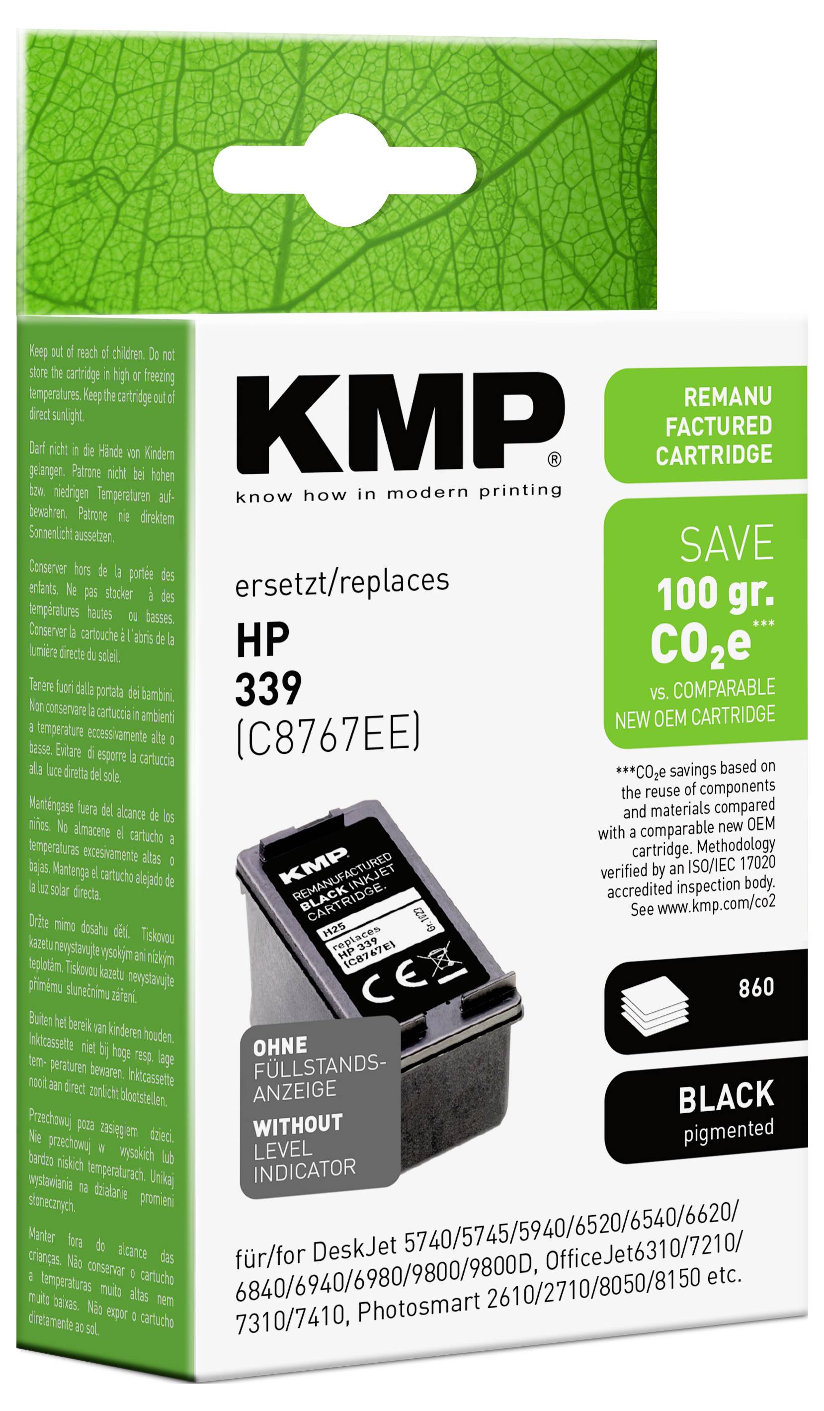 Boîte de cartouche d'encre noire remise à neuf KMP, étiquetée « HP 339 (C8767EE) », « Économisez 100 gr. CO2e », et « Pigment noir ».