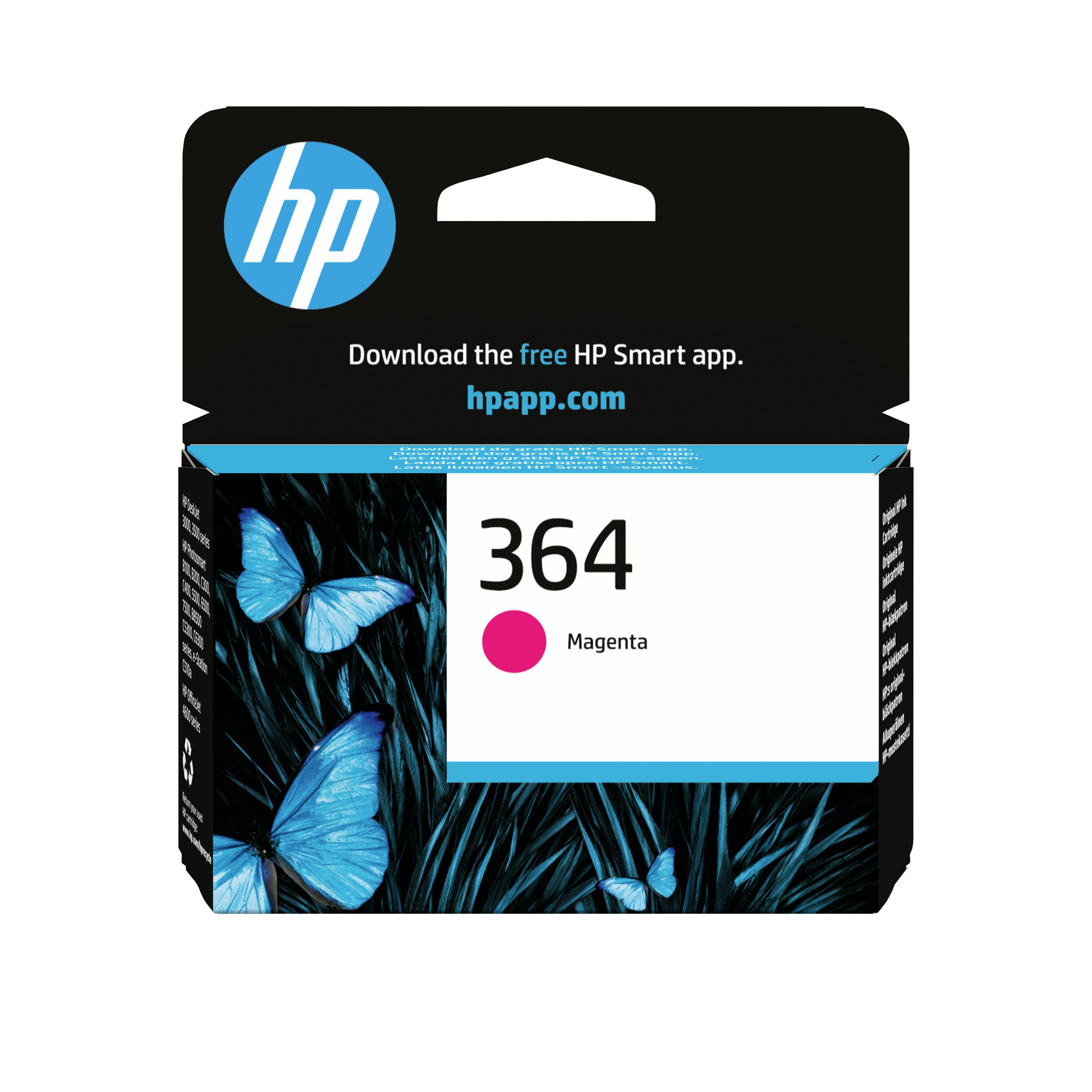 Boîte de cartouche d'encre magenta HP 364 avec motif papillon bleu et texte : « Téléchargez l'application gratuite HP Smart. hpapp.com »