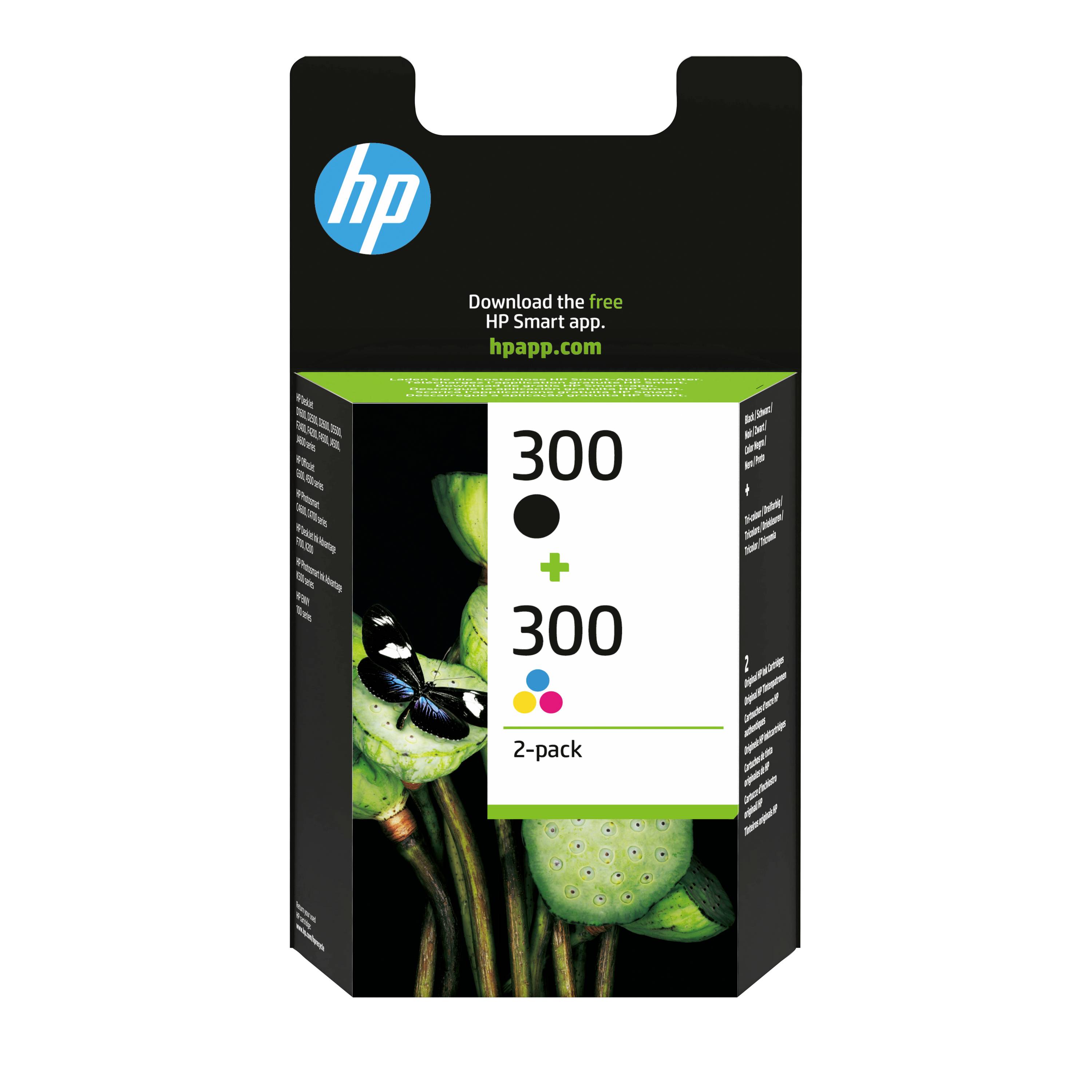Boîte de 2 cartouches d'encre HP 300 avec cartouches noire et tricolore, portant la mention « Téléchargez l'application HP Smart gratuite » et « hpapp.com ».