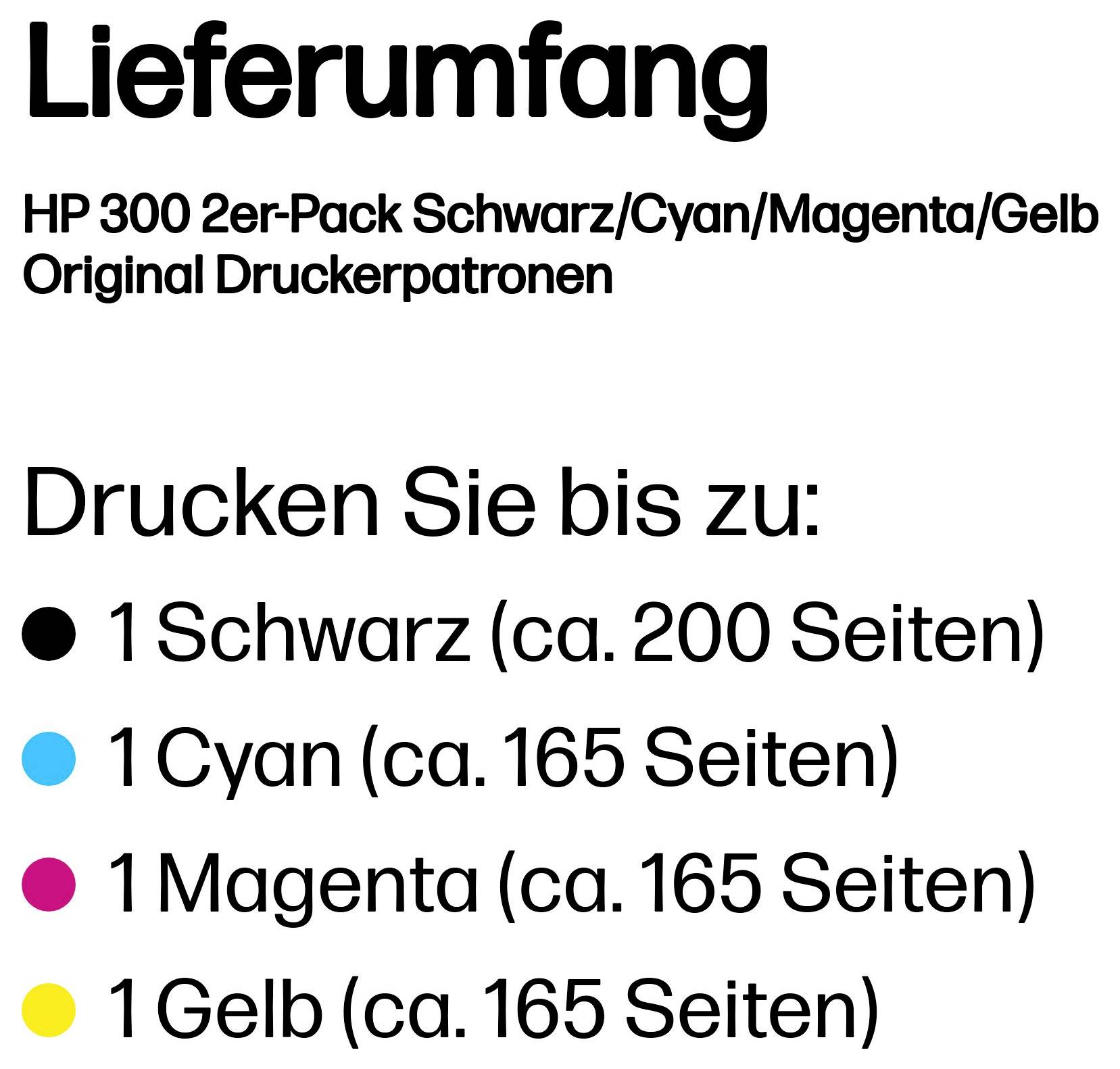 Étiquette produit allemande indiquant les cartouches d'impression d'origine HP 300, lot de 2 : le noir imprime environ 200 pages ; le cyan, le magenta et le jaune environ 165 pages chacun.