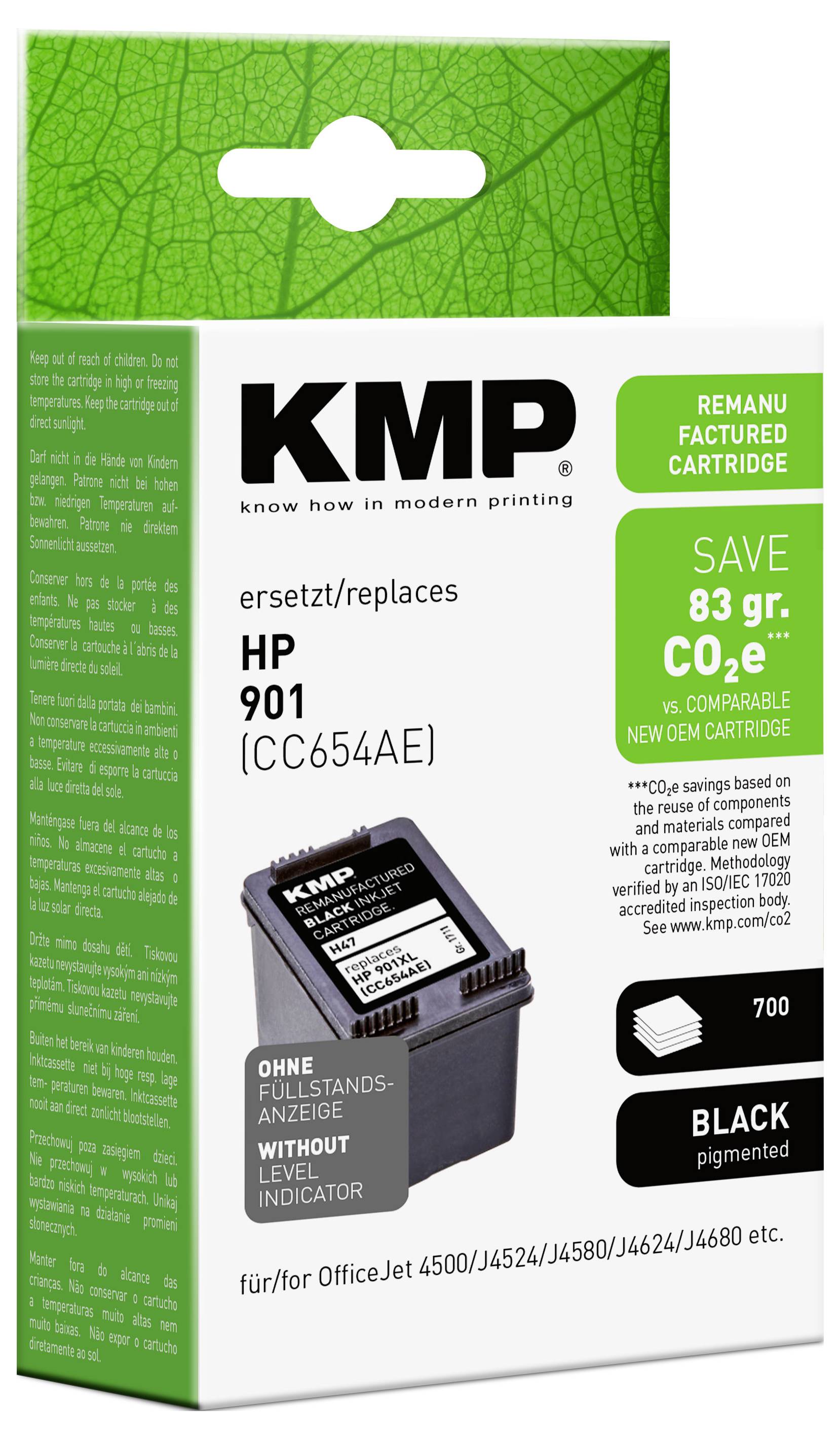 Emballage pour cartouche d'encre noire remise à neuf KMP, remplace HP 901 (CC654AE), avec des étiquettes « économisez 83 g CO2e » et « sans indicateur de niveau ».