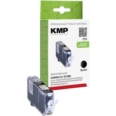 Cartouche d'encre noire de marque KMP, compatible avec Canon CLI-521BK. L'emballage souligne la fabrication allemande.